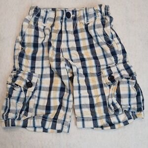 Boys Plaid Shorts Elastic Waist Casual Cargo Pockets Navy White Yellow